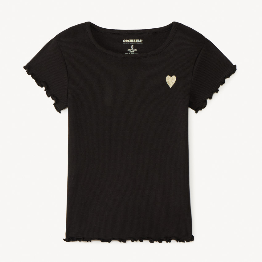 Korte mouwen geribd T-shirt met geborduurd hart meisjes 