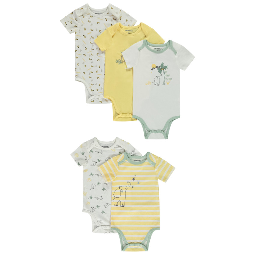 Lot de 5 bodies manches courtes fantaisie pour bébé avec ouvertures différentes selon l'âge 