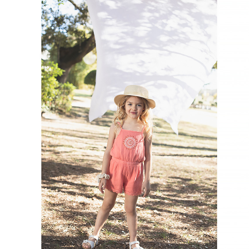 Combishort en gaze de coton à motif floral brodé 