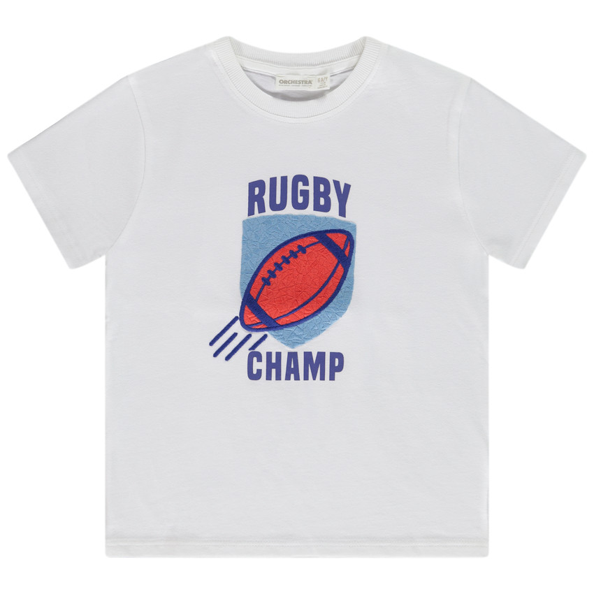 T-shirt korte mouwen met geborduurde patch rugby voor jongen 