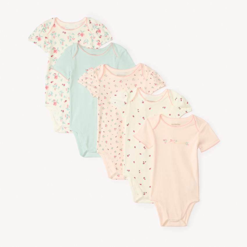 Set van 5 korte mouwen rompertjes met een trendy ontwerp voor meisjes. 