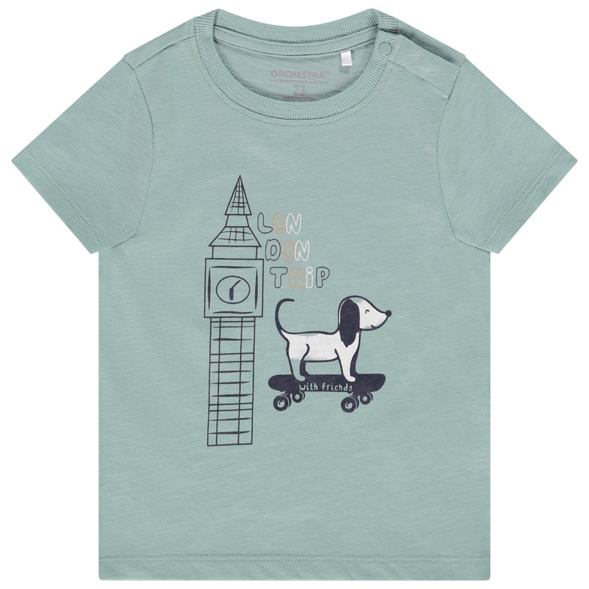 Korte mouwen T-shirt in jersey slub met print Londen voor baby jongen 