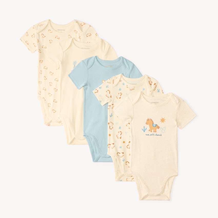 Set van 5 korte mouw rompers met een klein paardenontwerp voor babyjongen 
