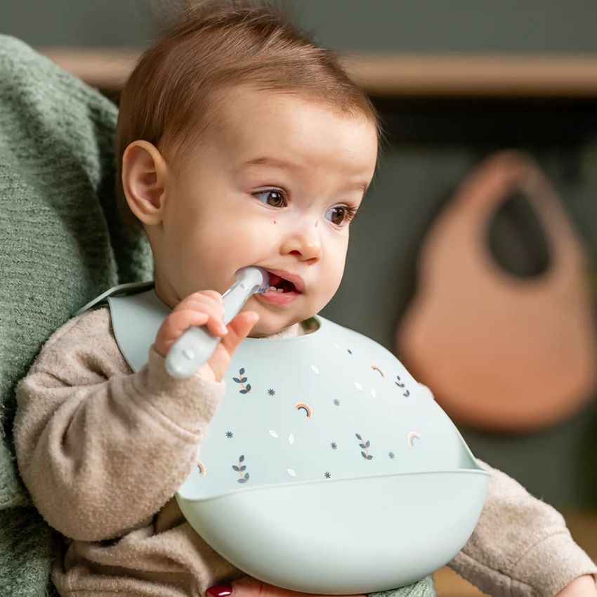 Bavoir réglable avec bac récupérateur - Silicone - Vert - Imprimé  