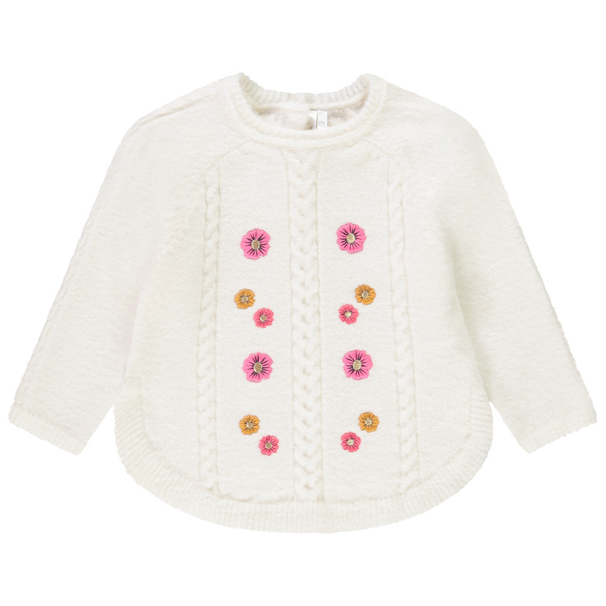 Pull effet torsadé avec broderies fleurs pour bébé fille 