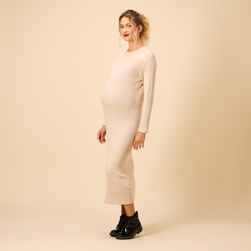 Robe longue en maille côtelée unie pour femme 