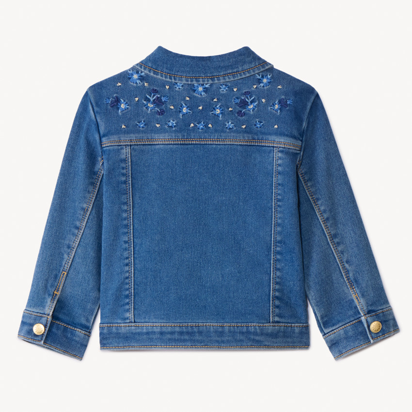 Vest met jeanslook en geborduurde bloemen op de rug voor babymeisje 