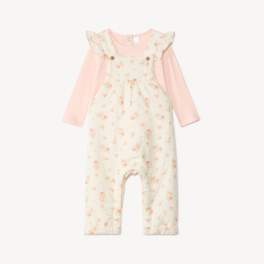 Ensemble salopette fleurie + t-shirt manches longues pour bébé fille 