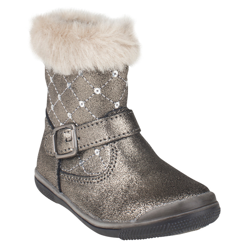 Bottines argentées en cuir avec sequins et fausse fourrure 