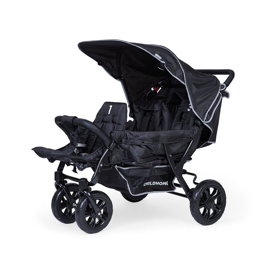 Poussette triple noir avec housse de pluie et pare-soleil  