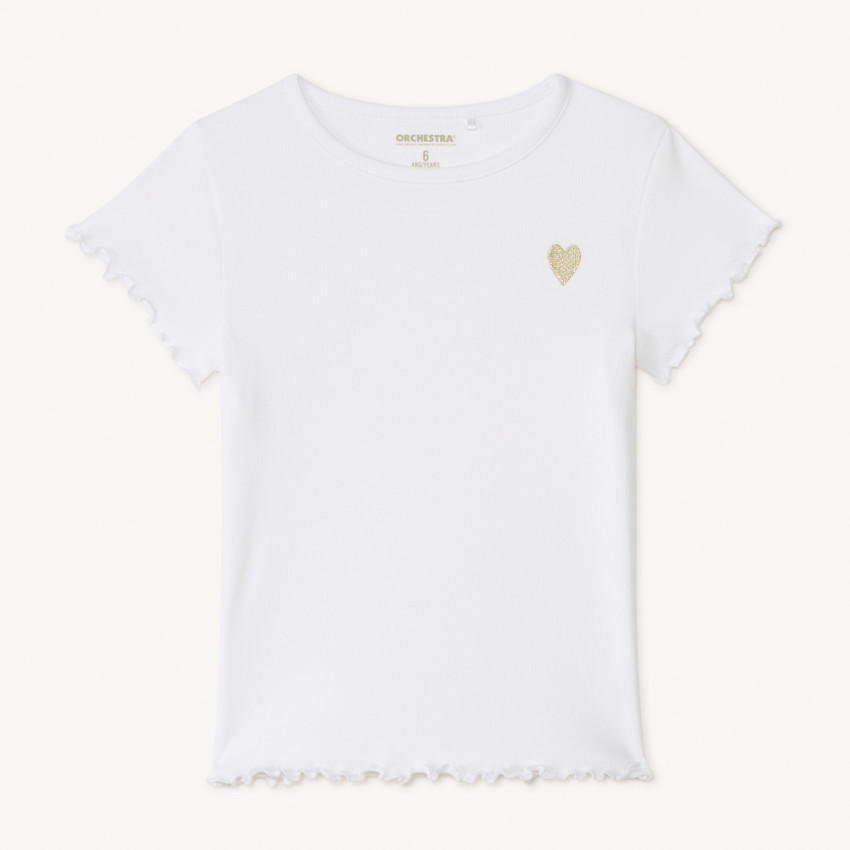 T-shirt manches courtes en maille côtelée uni broderie cœur fille 