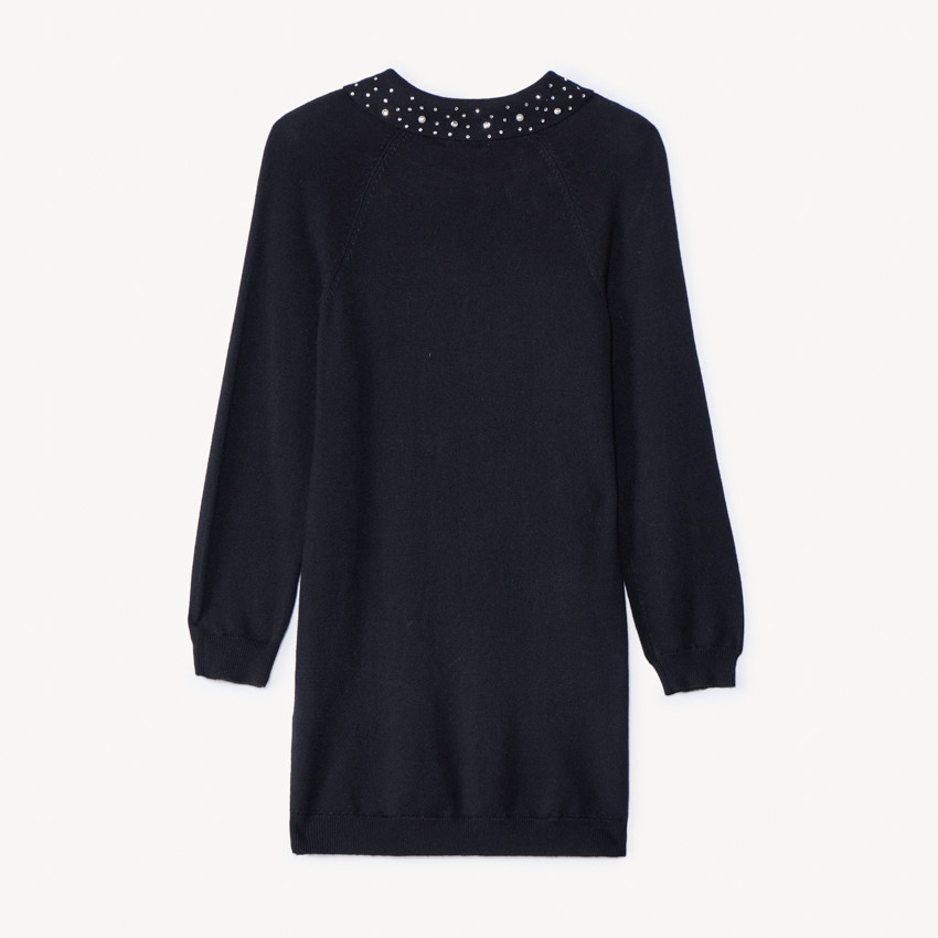 Robe unie en tricot et col claudine à strass pour fille  