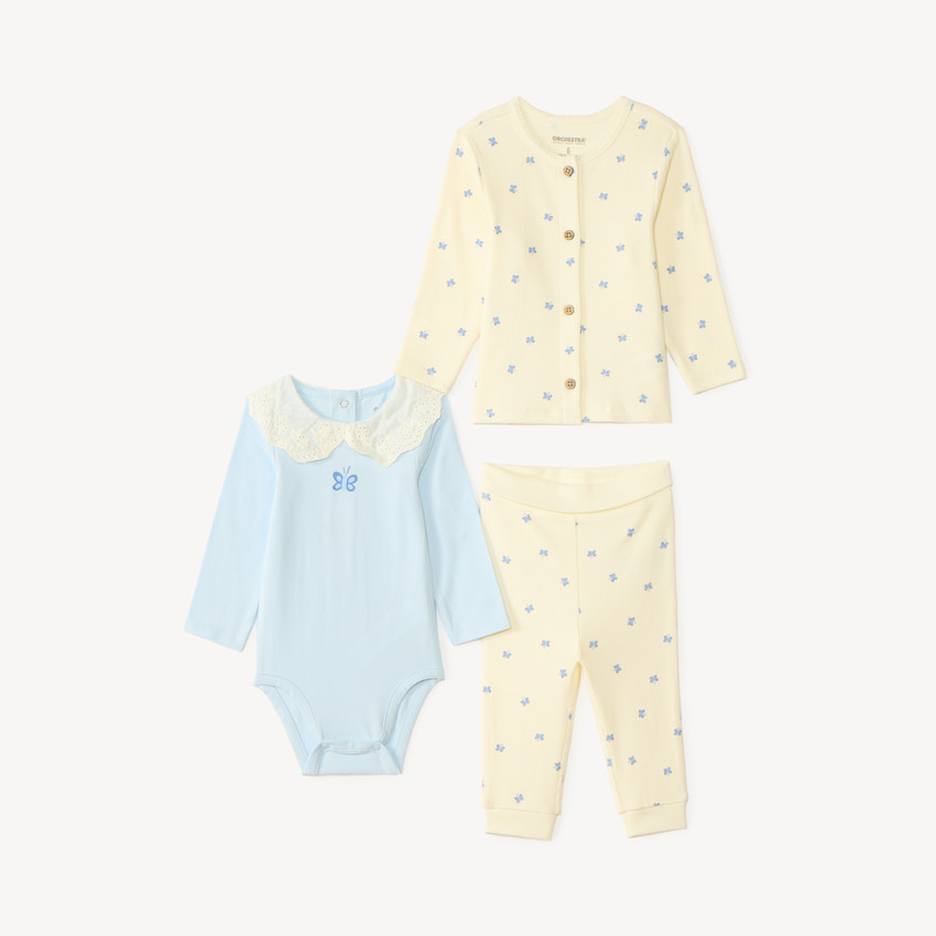 Ensemble 3 pièces Body col claudine + gilet + pantalon imprimé papillons pour bébé fille 