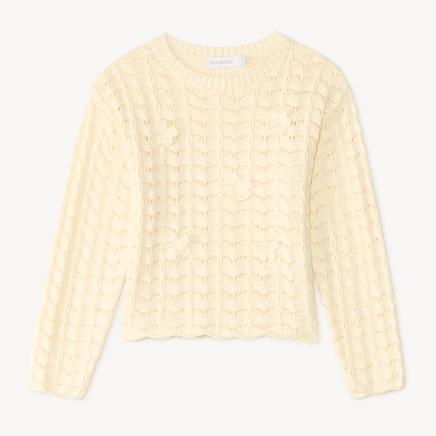 Pull fille en tricot ajouré avec fleurs crochetées 