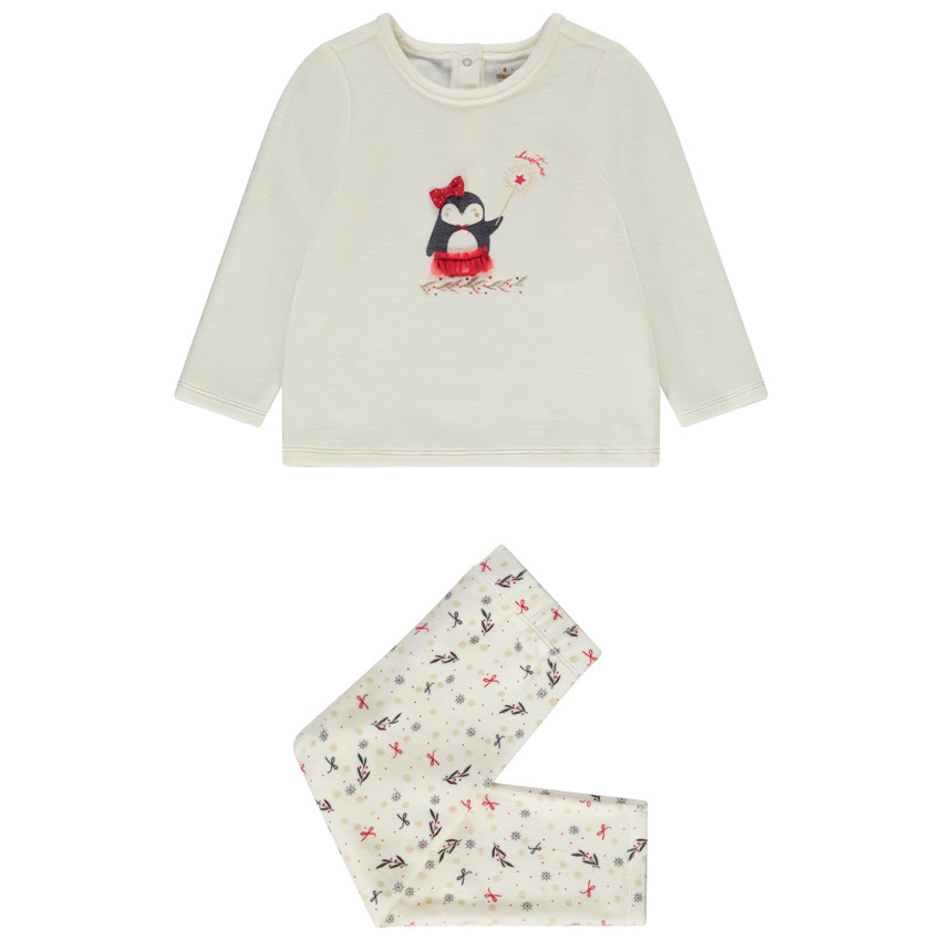 Pyjama 2 pièces pingouin de Noël en velours pour bébé fille