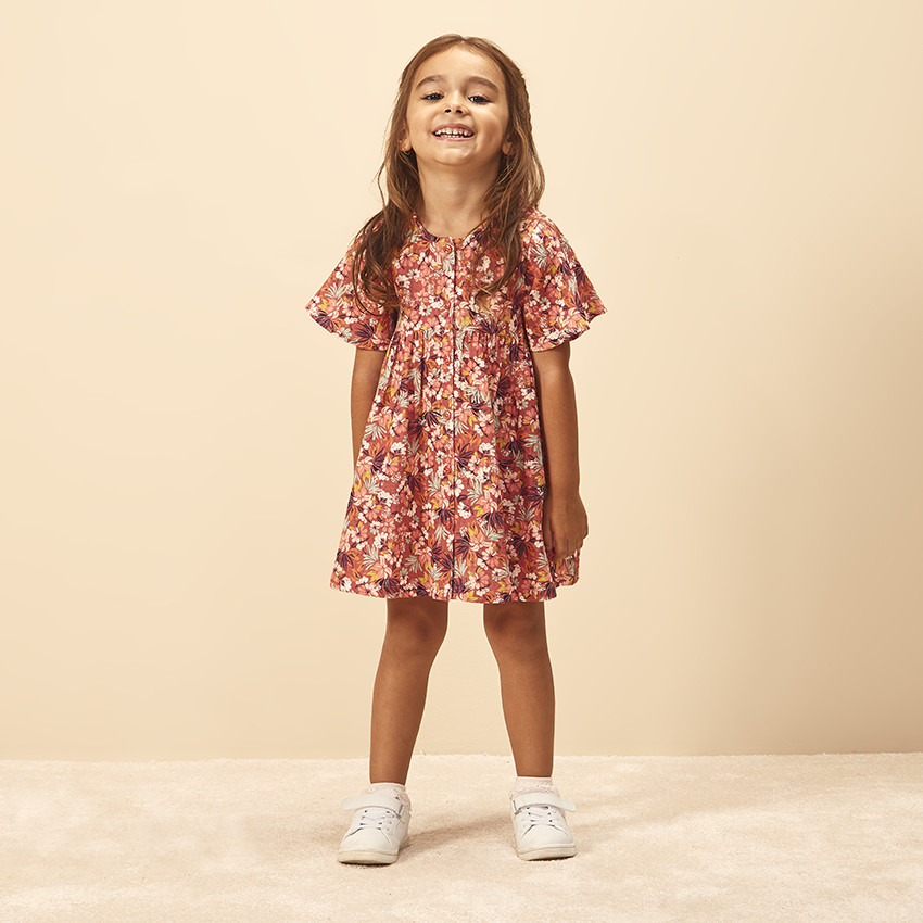 Robe manches courtes en toile imprimé fleuri pour bébé fille 