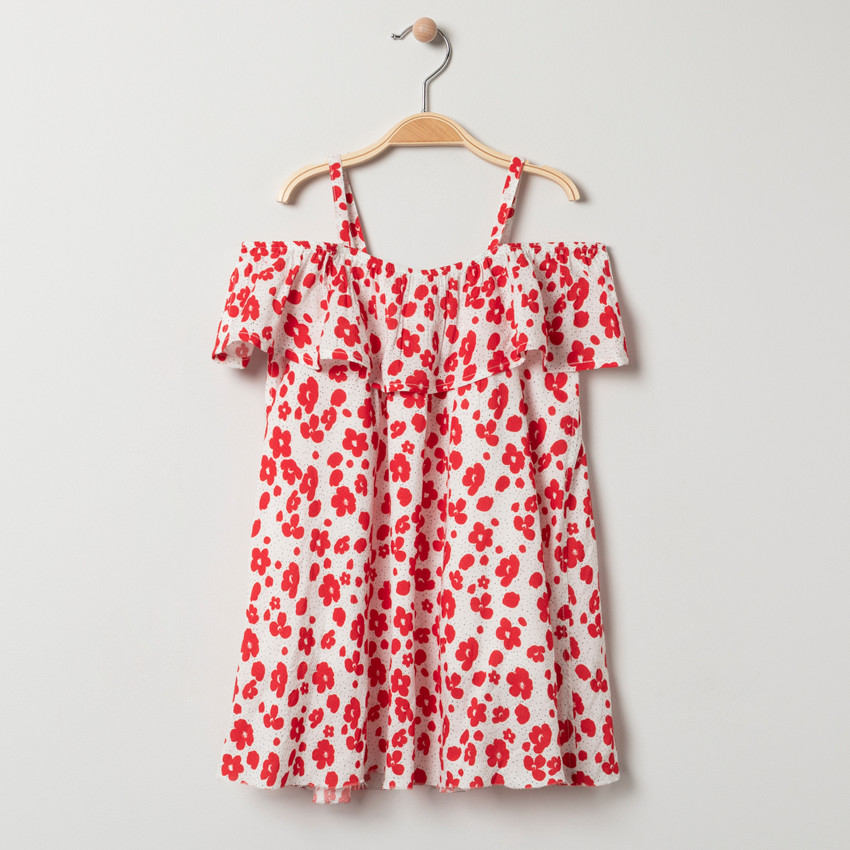 Robe blanche volantée imprimée fleurs rouges pour fille 