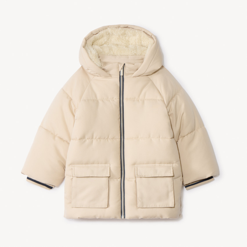 Donsjas lange mouwen in sherpa met kap voor baby jongen 