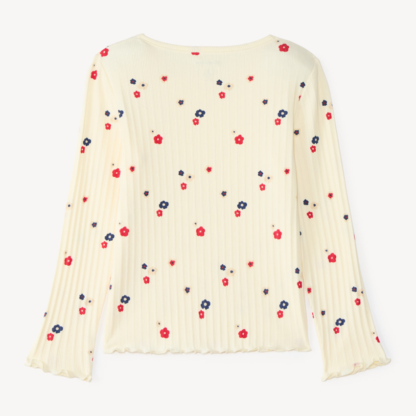 T-shirt manches longues fille en maille côtelée imprimé fleurs 