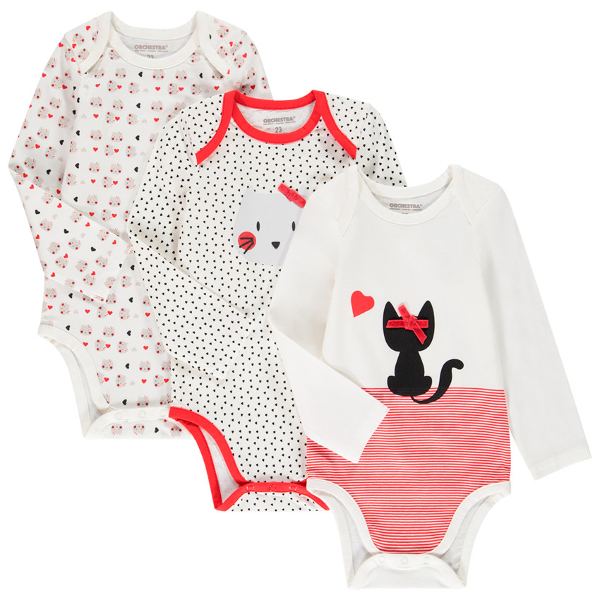 Set van 3 rompers met lange mouwen en poezenprint voor babymeisjes 
