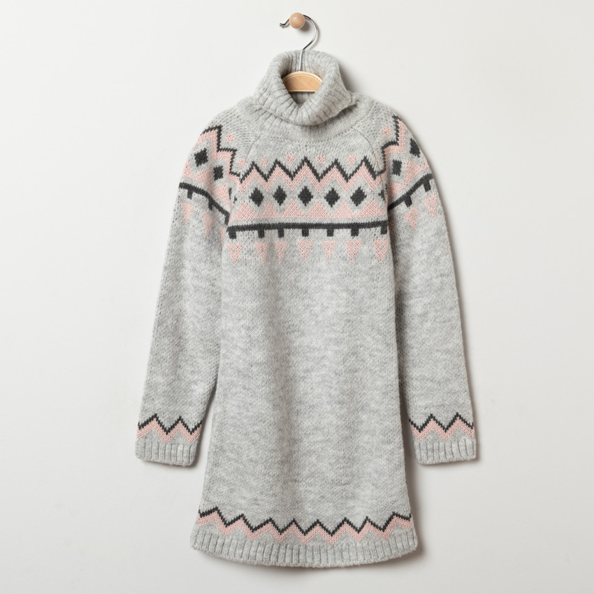 Robe manches longues en tricot à motifs jacquard pour enfant fille 