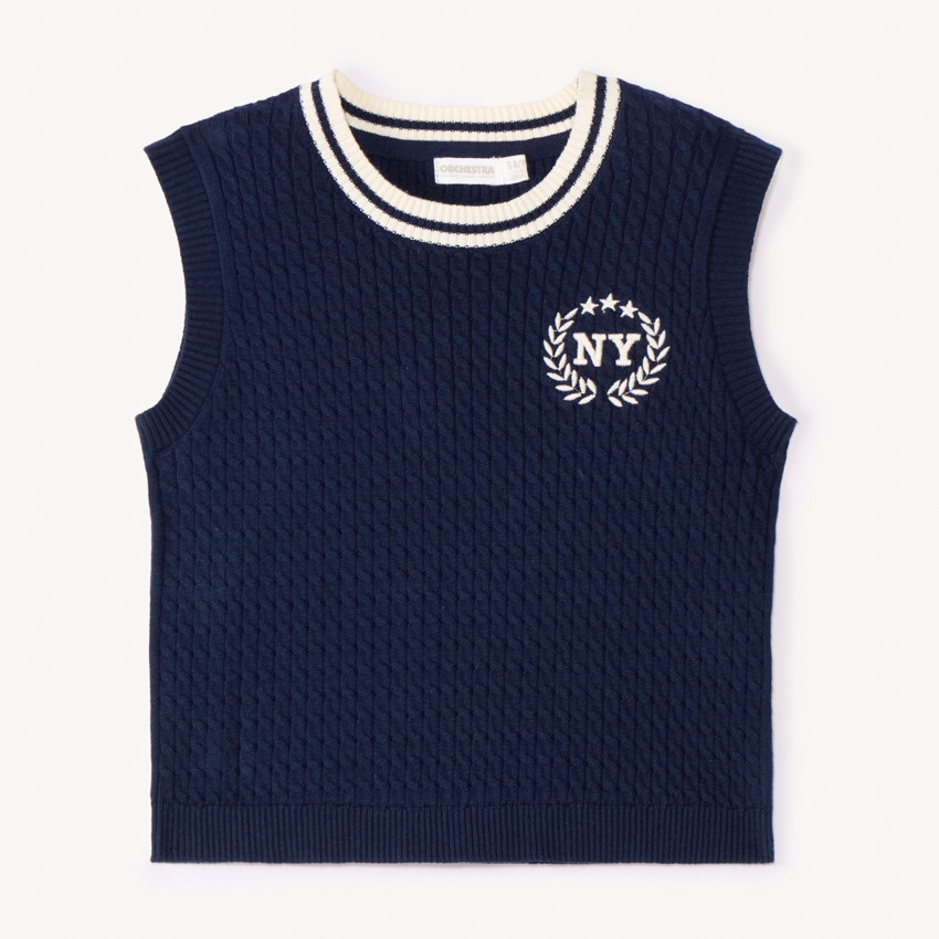 Mouwloze trui in gebreide fantasietorsades met borduursel voor meisjes 