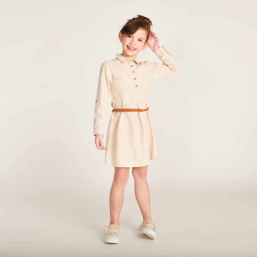 Robe style chemise à manches longues + ceinture fille 