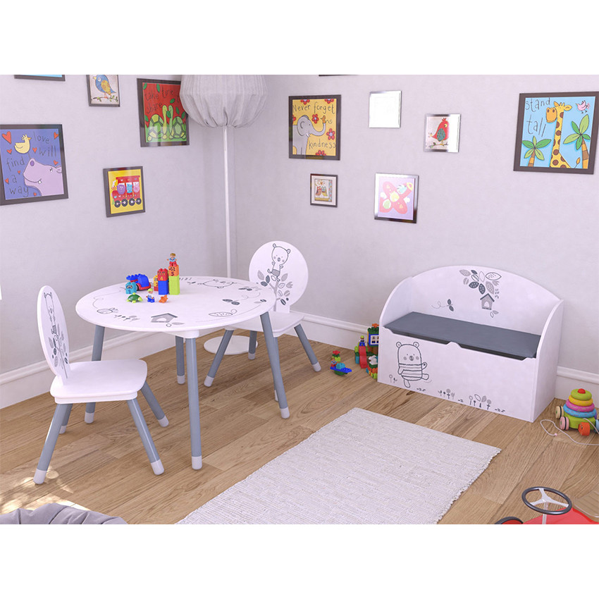 Set table + 2 chaises motif Ours - Blanc/gris 