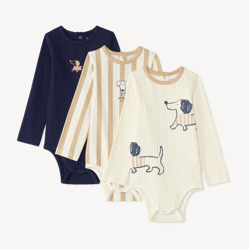 Set van 3 lange mouwen rompers voor jongens met een teckelmotief 