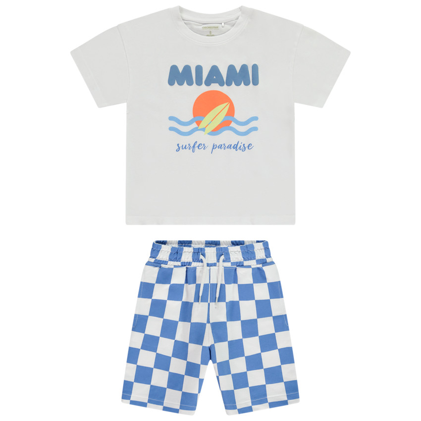 Ensemble t-shirt manches courtes fantaisie + bermuda en damier pour garçon 