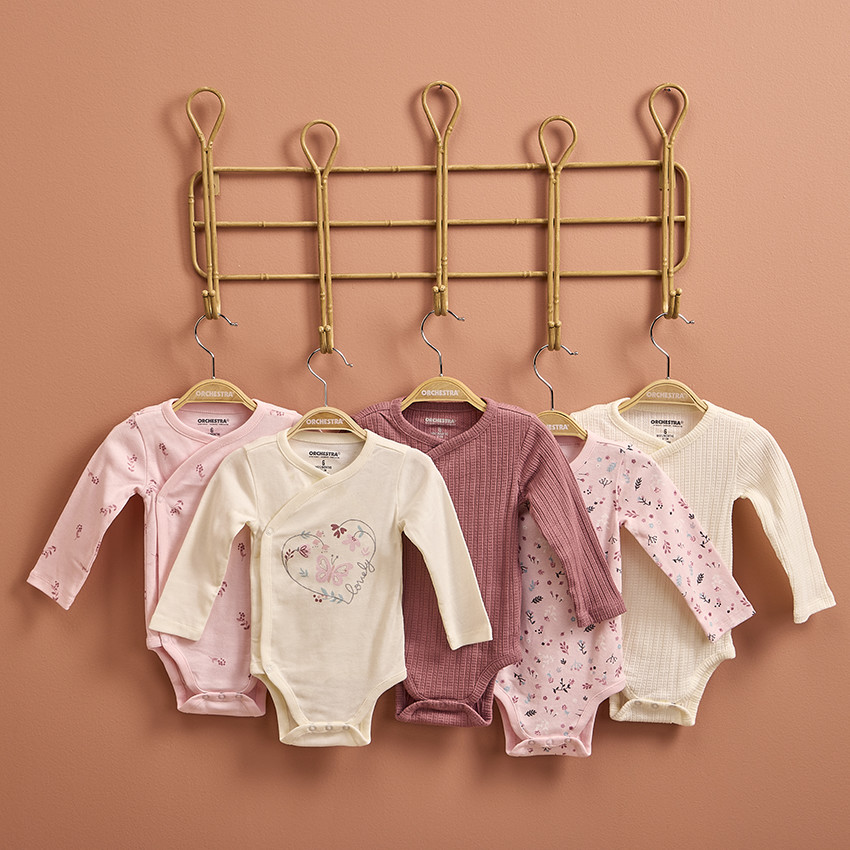 Lot de 5 bodies manches longues fantaisie pour bébé fille avec ouvertures différentes selon l'âge 