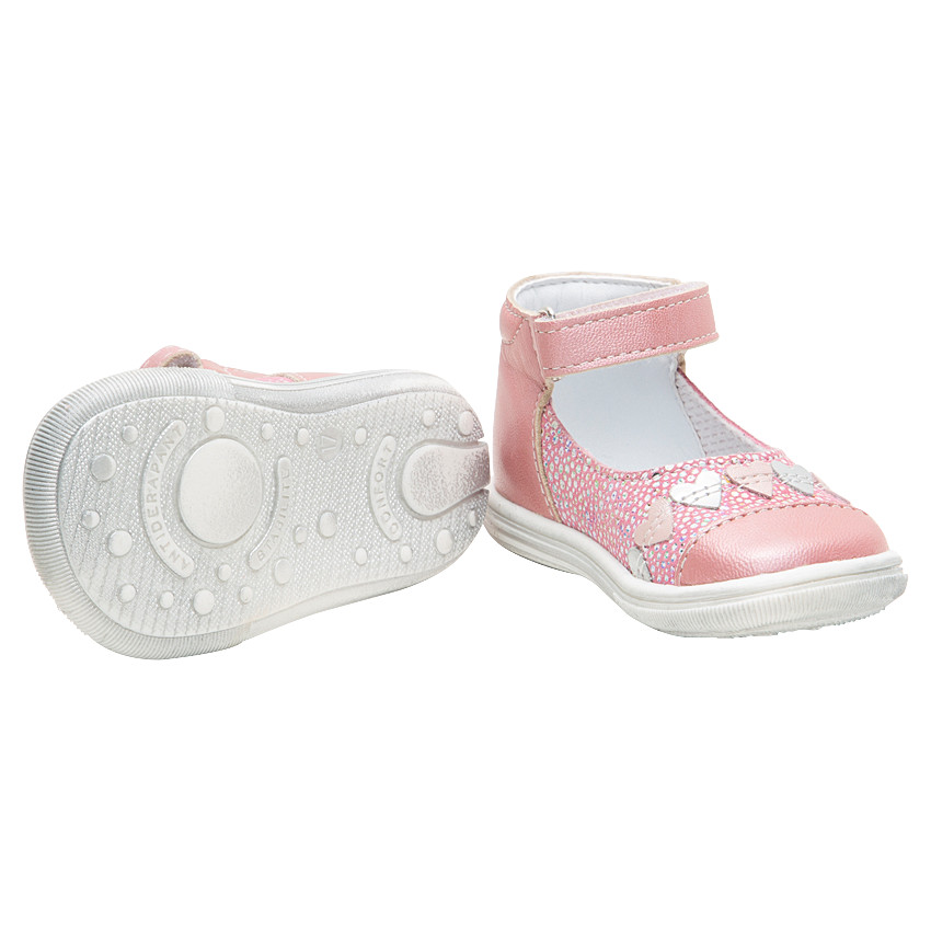 Babies en cuir rose irisé à empiècements coeur pour bébé fille 