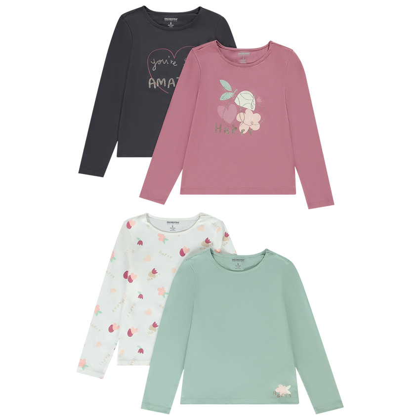 Lot de 4 t-shirts manches longues fantaisie pour fille 