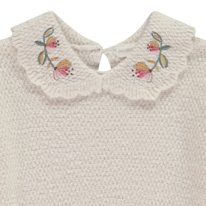 Pull chenille en tricot avec col claudine fantaisie brodée pour fille 