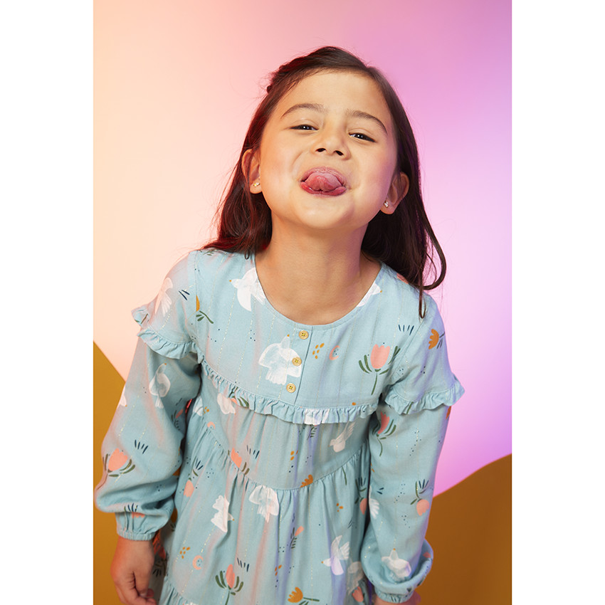 Robe manches longues volantée imprimé fantaisie pour fille 