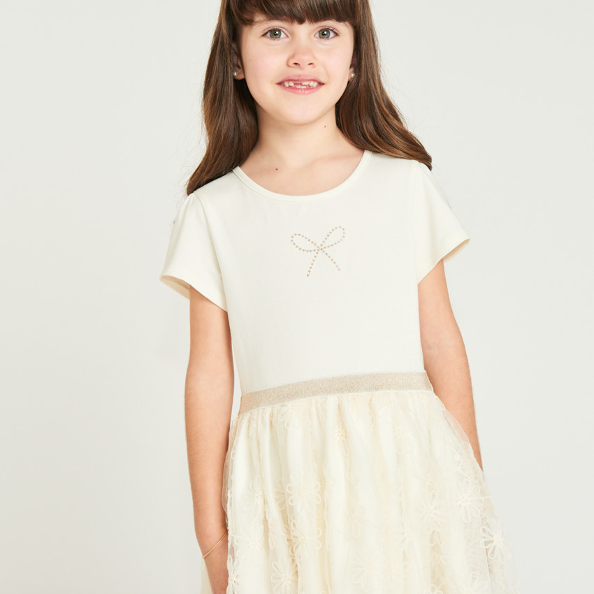 Korte mouw jurk met 2-in-1 effect van geborduurde tule voor meisjes 