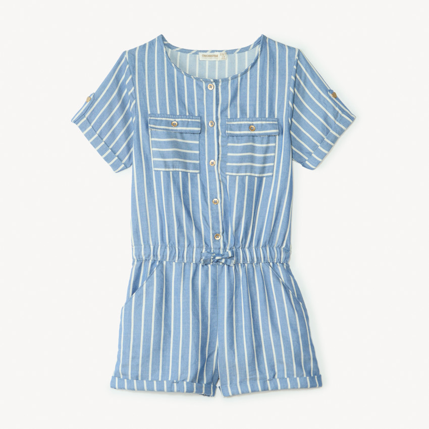 Combishort en denim à rayures blanches fille 