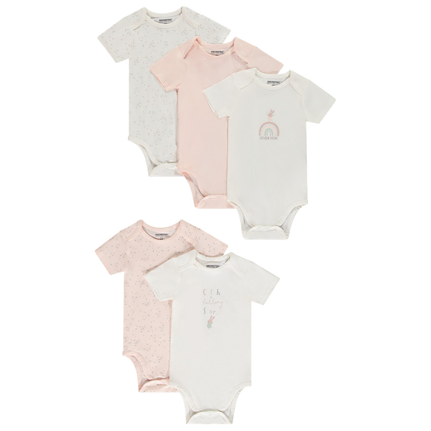 Lot de 5 bodies manches courtes lapin pour bébé fille avec ouvertures différentes selon l'âge 