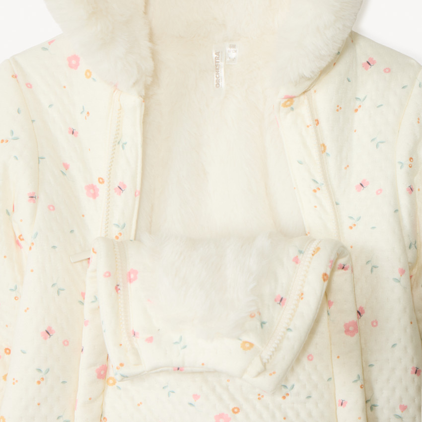 Gewatteerd pilotenpak met bloemenprint voor babymeisje met verschillende afwerkingen per leeftijdsperiode 