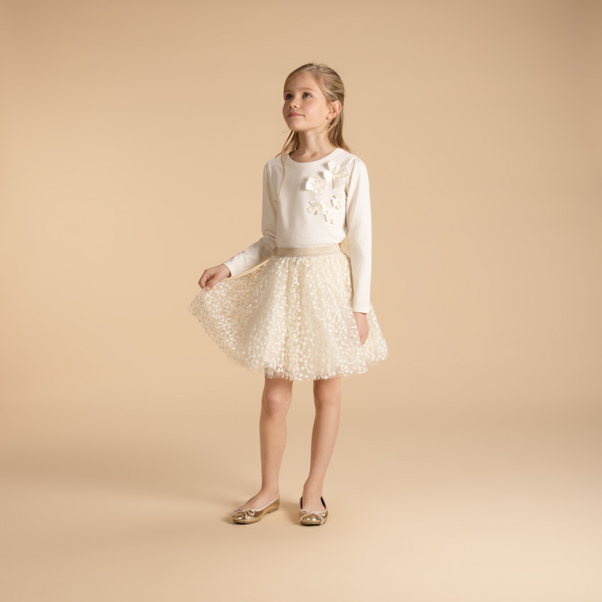 Jupe courte en tulle brodé et taille pailletée pour fille 