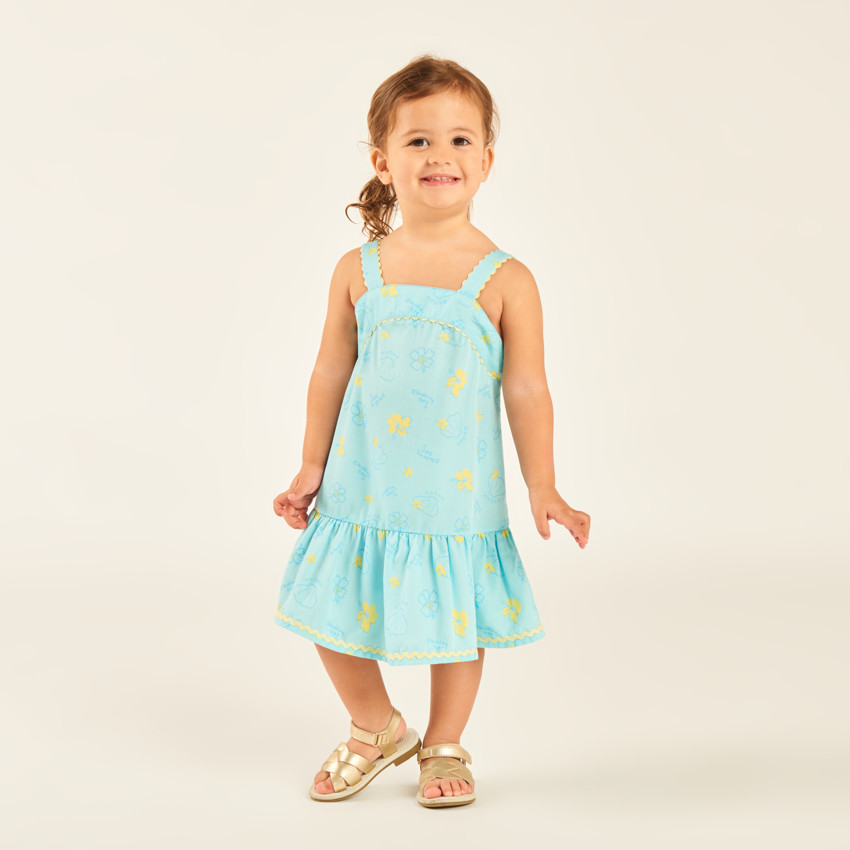 Jurk met schouderbandjes van tubulaire stof met schelpen- en bloemenprint voor babymeisjes 