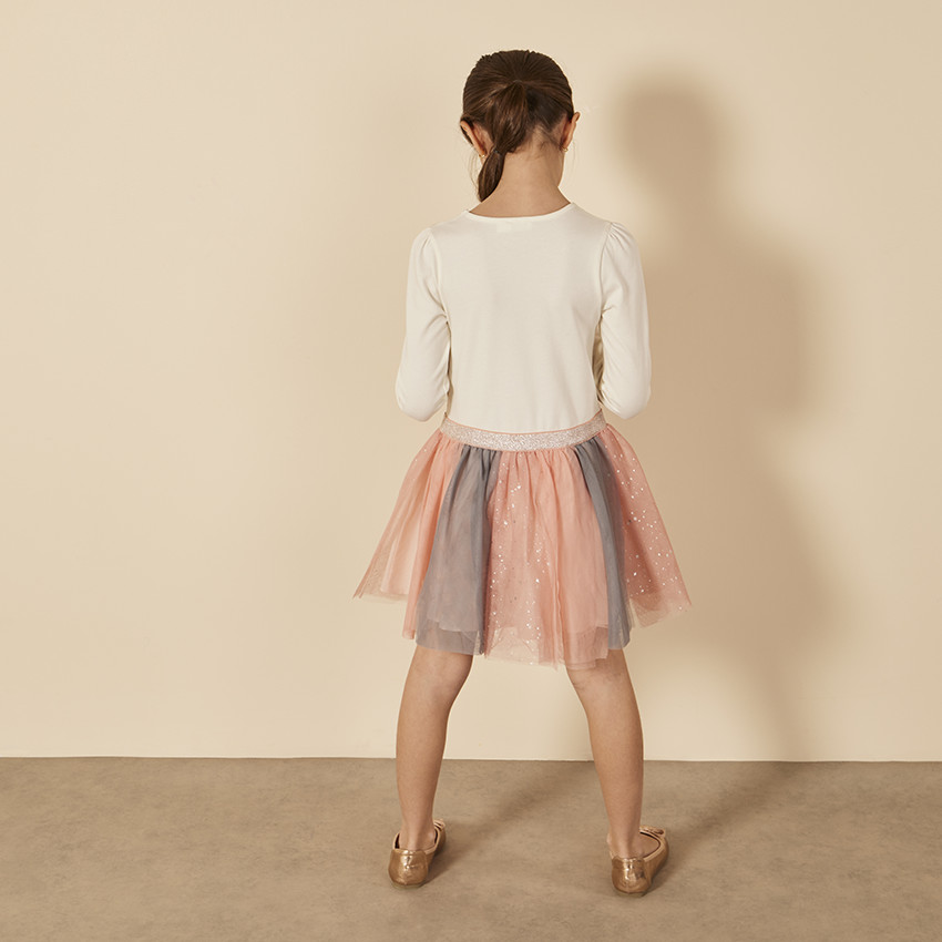 Tweekleurige bi-materiaal jurk 2-in-1 effect met tweekleurige tule voor meisjes 
