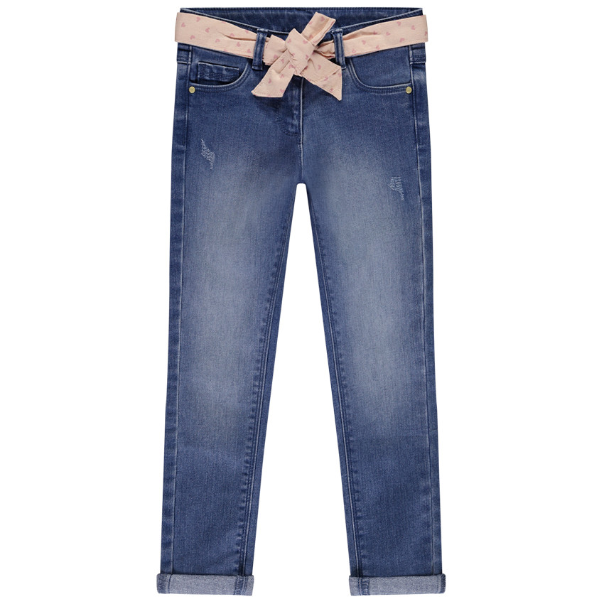 Jean slim effet usé avec ceinture foulard à nouer pour fille  