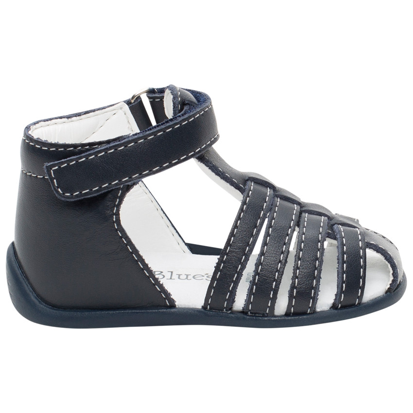 Blauwe open sandalen met bandjes en velcroriempje 