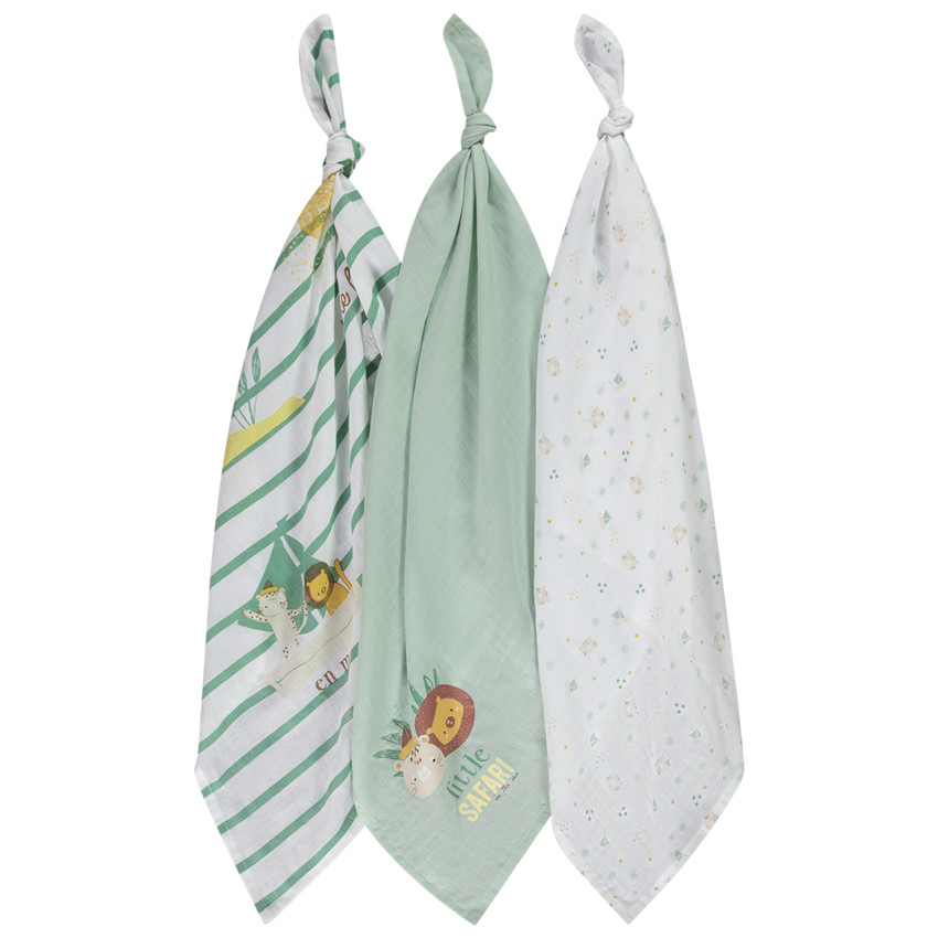Lot de 3 langes en tétra motif Safari en Mer pour bébé garçon 