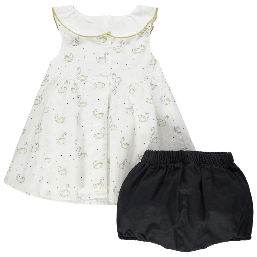 Ensemble avec robe imprimée cygnes et bloomer à noeud dorés 