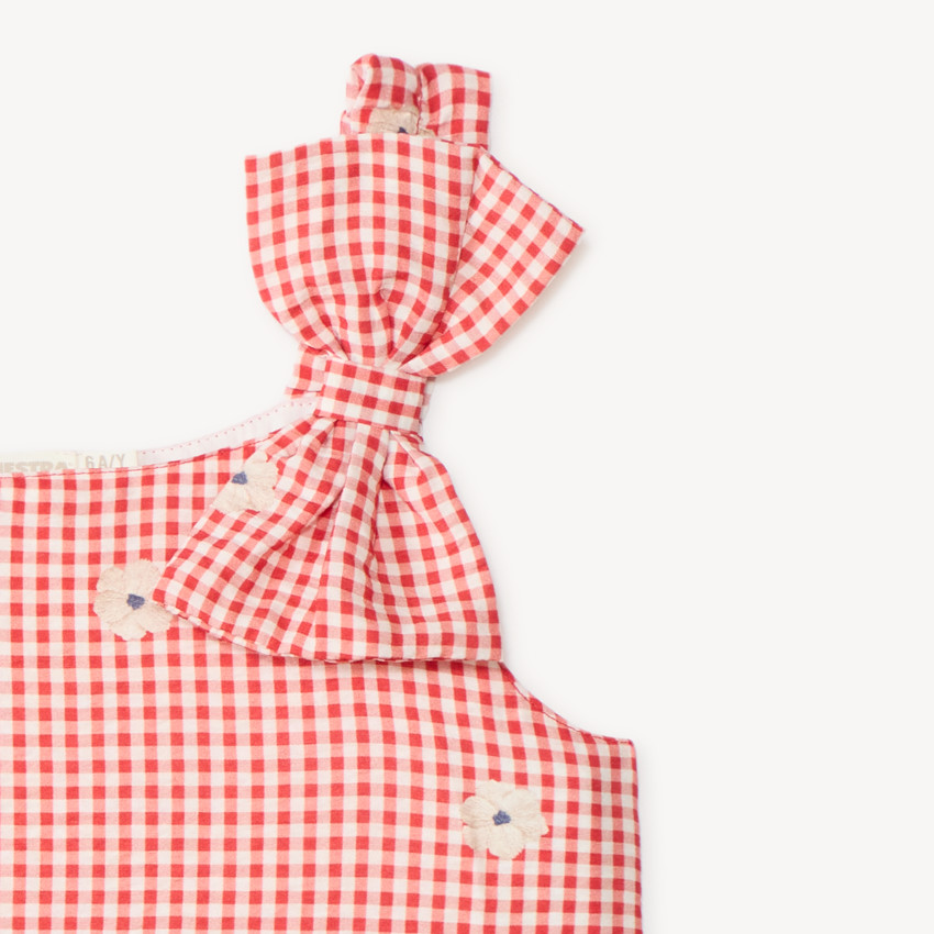 Top fille vichy nœud épaule et broderie fleurie 