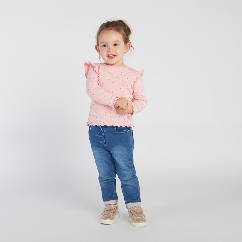 T-shirt met lange mouwen, roze met kleine hartjesprint en ruches voor meisjes 