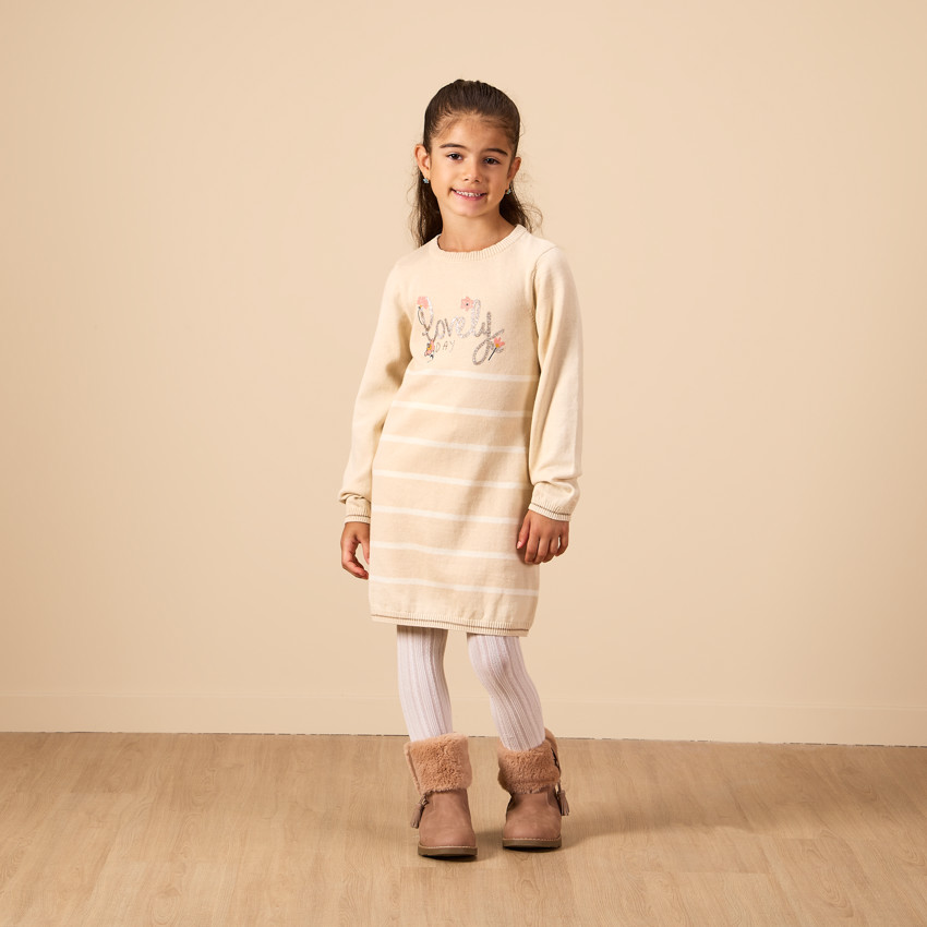 Robe manches longues en tricot fantaisie avec rayures pour fille  