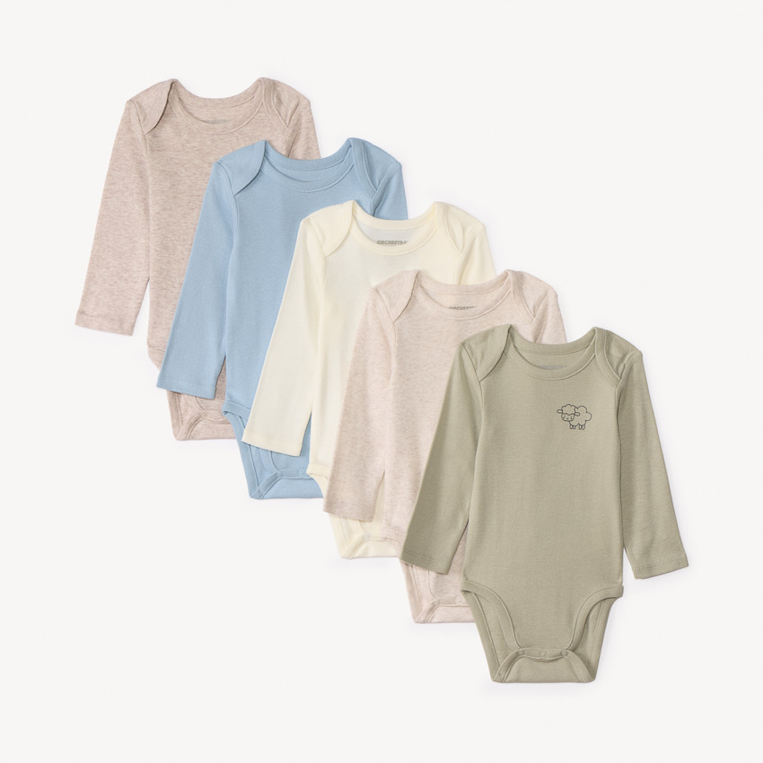 Set van 5 lange mouwen bedrukt rompertjes voor jongen. 